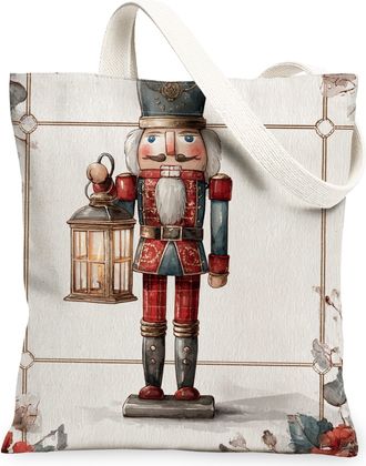 Generic Nutcracker Canvas Tote Bags, Vintage Holiday Character Pattern Reusable Grocery Bags, Festive Retro Lightweight Washable Sh, White, 13x15 Inch