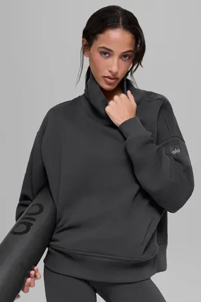 Alo | Hazy Mock Neck Pullover Top in Anthracite Grey, Size: Small