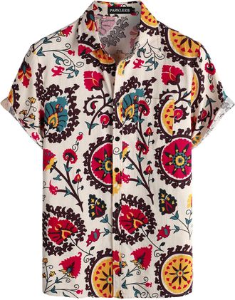 PARKLEES Mens Linen 70s Hippie Style Floral Print Shirt Short Sleeve Button Down Hawaiian Shirts Beige White XXX-Large