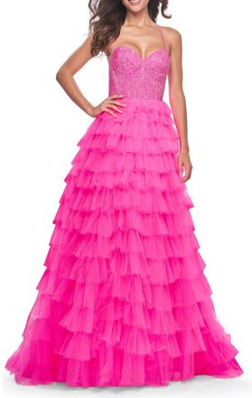 La Femme Ruffle Tulle Prom Dress with Rhinestone Bodice in Neon Pink at Nordstrom, Size 6