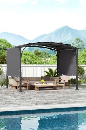 H&O Direct Retractable Arc-Shaped Steel Pergola with Canopy in Black