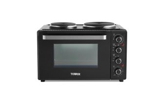 Tower T14044 Mini Oven with Dual Hot Plates, Black with Silver Accents, 32 Litre