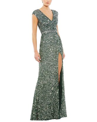 Mac Duggal Cap Sleeve Sequined High Slit Gown