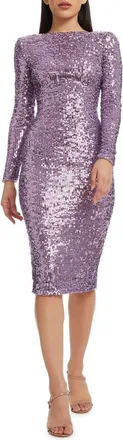 Dress The Population Emery Long Sleeve Sequin Cocktail Midi Dress in Lavender Multi at Nordstrom, Size Xx-Small