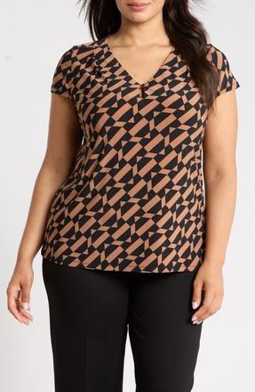 Anne Klein Pleat Neck Button Keyhole Top in Anne Black/vicuna at Nordstrom, Size 1X