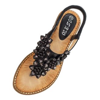 Generic Womens Bohemian Style Flat Sandals with Elegant Bead for Spring and Summer Seasonal Comfort and Fashion (Black, 6.5)