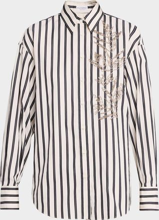 Brunello Cucinelli Regimental Striped Herbarium Embroidered Button-Down Top