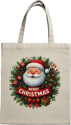 Generic Merry Christmas Santa Tote Bag, Cotton Canvas Shopping Bag with Holiday Wreath Design, White, Reusable Grocery Carrier