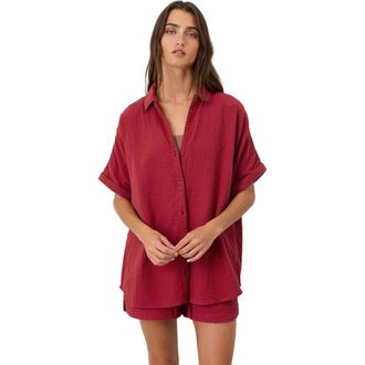Pact Organic Cotton Coastal Double Gauze Relaxed Shirt in Poppy Red at Nordstrom, Size Medium