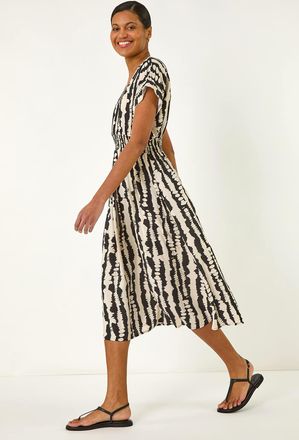 Roman Abstract Print Shirred Midi Dress
