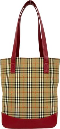 Burberry Beige Red Color Canvas Leather Shoulder Bag Tote Bag (Pre-Owned)