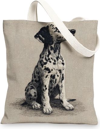 Generic Dalmatian Canvas Tote Bag, Vintage Reusable Grocery Bags, Linen Lightweight White Shoulder Strap Bags 13x15 Inch