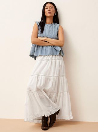 Icone Womens Openwork strips maxi tiered skirt