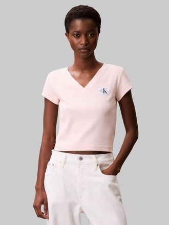 Calvin Klein Jeans T-Shirt CALVIN KLEIN JEANS A- SS WOVEN LABEL RIB VNECK TEE, Damen, Gr. XXL (46), rosa (cloud pink), Rippware, Obermaterial: 95% Baumwolle, 5% Elasthan