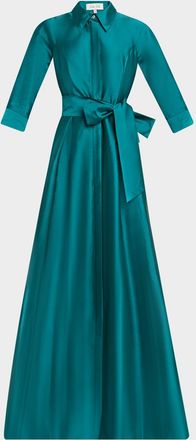 Teri Jon 3/4-Sleeve Taffeta Shirtdress Gown