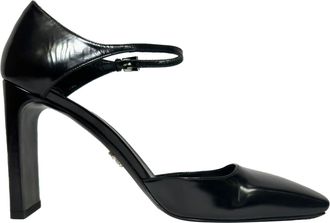 Prada Square Toe Ankle Strap Block Heels in Black Leather