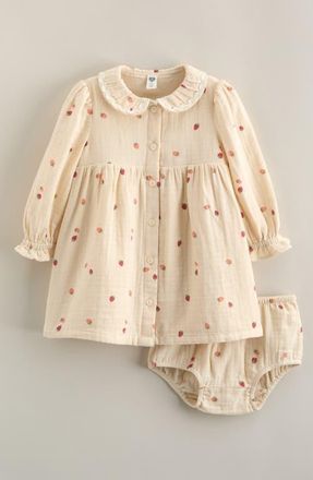 Nordstrom Button Front Long Sleeve Dress & Bloomers Set in Ivory Whitecap Strawberry Dots at Nordstrom, Size 18M