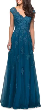 La Femme Short Sleeve Lace Gown with Cascading Embellishments in Teal at Nordstrom, Size 12