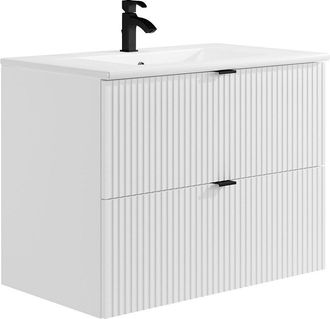Vente-Unique Mueble de baño suspendido estriado con lavabo encastrado - Blanco - Ancho 80 cm - ZEVINI