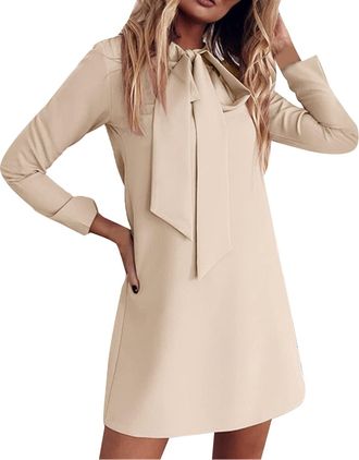 Generic Jumper Dress Length Color Fashion Bow Sleeve Knee Tie Women Dress V 2022 Solid Neck Knitted Long Womens Dress Women Dresses (Beige, M)