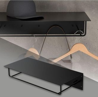 ML Design Ml-design - Appendiabiti da Parete con Gancio Asta e Ripiano per Capelli Beretti 60 x 30 x 15 cm in Acciaio Verniciato a Polvere Nero Attaccapanni da