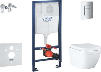 GROHE Solido - Conjunto De M&oacute;dulo De Instalaci&oacute;n Empotrado, Inodoro Y Asiento Euro Ceramic Compact, Softclose, Pulsador Even, Cromo Sani15bb1106