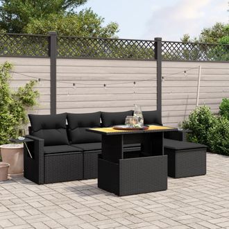 vidaXL Set De Sof&aacute;s De Jard&iacute;n 6 Piezas Y Cojines Rat&aacute;n Sint&eacute;tico Negro Vidaxl