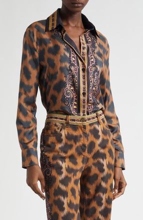 Etro Leopard Silk Twill Button-Up Shirt in Dark Brown at Nordstrom, Size 10 Us