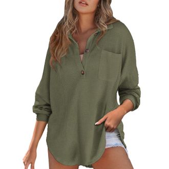 Generic Women Activewear Knit Tunic Tops for Women UK Oversized Solid Color Button T Shirts With Pocket Classic Loose Fit Long Sleeve Pullover Blouse Black of