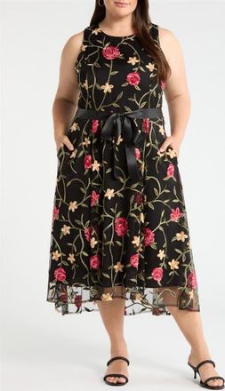 Tahari by ASL Embroidered Sleeveless Midi Dress in Black Multi at Nordstrom, Size 20W