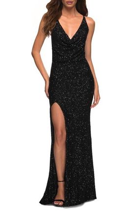 La Femme Sequin Long Dress in Chic Design with Low Back in Black at Nordstrom, Size 10