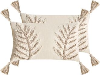 Beliani Conjunto De 2 Cojines Decorativos De Algod&oacute;n Con Motivo Floral 30 X 50 Cm Beige Pometia