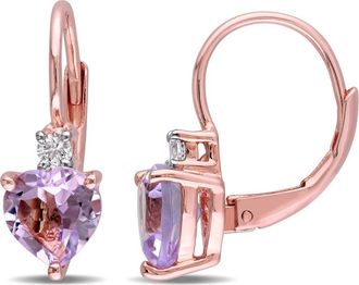 Amour Heart Shaped Rose De France and Created White Sapphire Leverback Earrings In Rose Plated Sterling Silver
