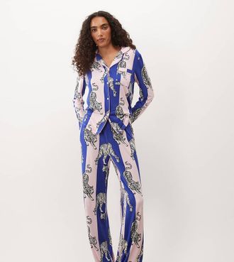 Chelsea Peers set pigiama super morbido con bottoni a righe rosa e blu con tigre