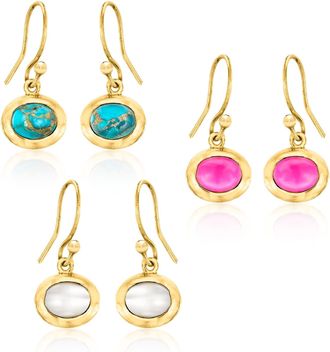 Ross-Simons Turquoise, 6x8mm Cultured Pearl and Pink Chalcedony Jewelry Set: 3 Pairs Of Drop Earrings in 18kt Gold Over Sterling