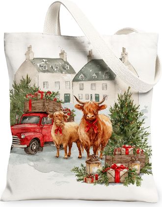 Generic Christmas Highland Cow Canvas Tote Bags, Rustic Animal Design Reusable Grocery Bags, Winter Vintage Lightweight Washable Sh, White, 13x15 Inch