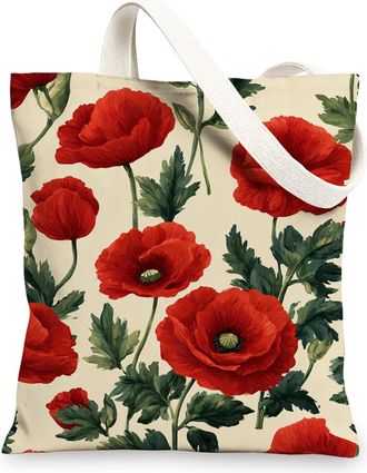 Generic Floral Canvas Tote Bags, Vibrant Poppy Design Reusable Shopping Bags, Chic Botanical Lightweight Washable Carryall for Gym, Red, 13x15 Inch