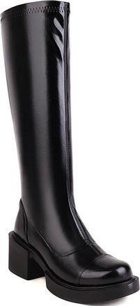 Generic Womens Elastic Knee High Boots with Chunky Block Heel, Rear Zip & Shiny Faux Leather, Equestrian & Casual,Black,5.5 UK