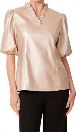 Dolce Cabo Faux Leather Ruffle Neck Top In Pale Gold