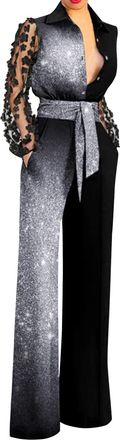 Generic Womens Lapel Sexy Deep V Lace Stitching Bell Bottoms Jumpsuit Jumpsuits Sequin Grey