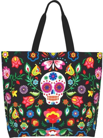 Generic Mexican Skull Ethnic Flower Women Handbag Large Capacity Shopper Bag Reusable Tote Bags For Camping Picnic Beach