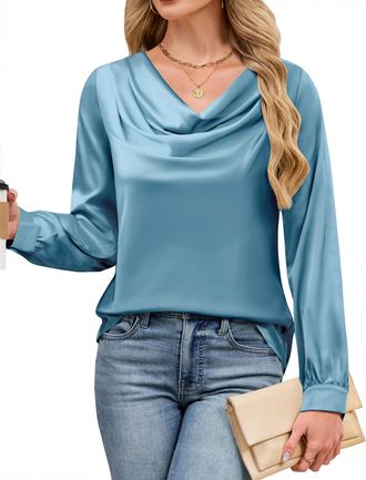 Blooming Jelly Womens Satin Blouse Cowl Neck Draped Silky Long Sleeve Dressy Tops Fall Trendy Fashion Business Casual Outfit, Teal, L