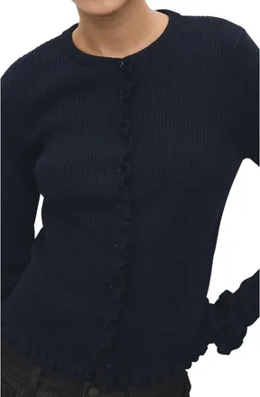 Mango Ruffle Trim Rib Cardigan in Navy at Nordstrom Rack, Size Small