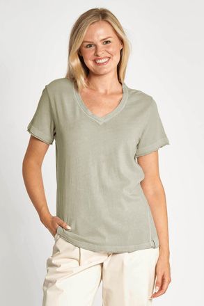Zhrill T-Shirt ZHRILL ZHSVANA, Damen, Gr. XL, gr&uuml;n (olive), Single Jersey, Obermaterial: 100% Baumwolle, unifarben, regular fit taillenbedeckt, V-Ausschnitt,
