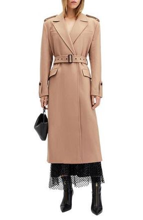 AllSaints Augusta Wool Blend Trench Coat in Camel Brown at Nordstrom Rack, Size 2 Us / 6 Uk