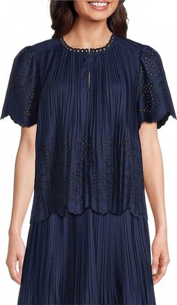 Current Air Slight Pleated And Embrodiered Top In Navy