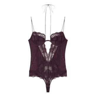 Patrizia Pepe Tops, Dames, Paars, M, Tule, Body van kant en tule