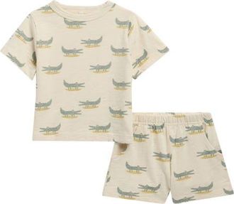 Rylee + Cru Alligator Print Cotton T-Shirt & Shorts Set in Natural at Nordstrom, Size 18-24M