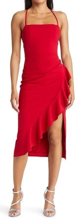 Love, Nickie Lew Square Neck Side Ruffle Midi Dress in Red at Nordstrom, Size Small