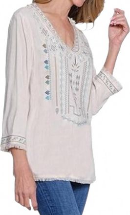 Multiples Three Quarters Sleeve V Neck Embroidered Top In Multi